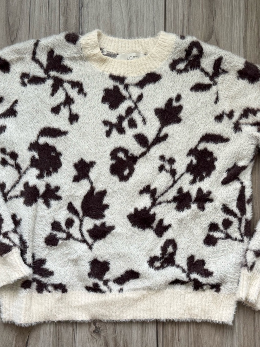 LOFT Cream Crewneck Sweater with Dark Brown Floral Pattern